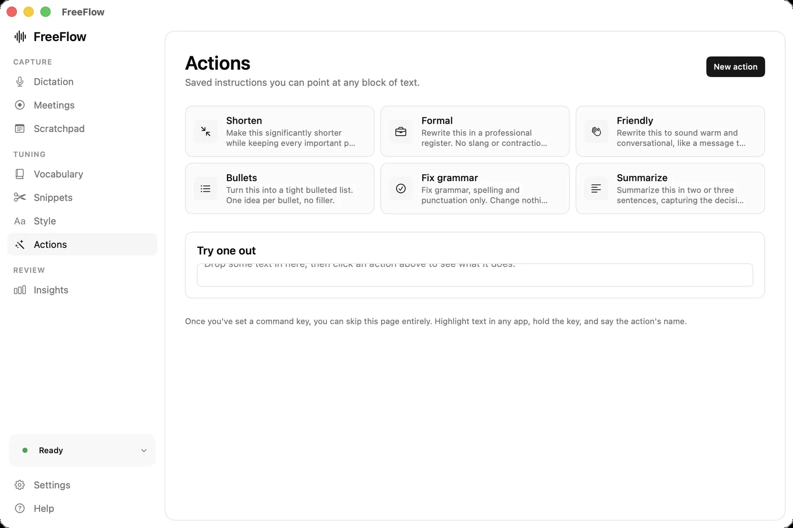 The Actions screen listing saved instructions like Shorten, Formal and Bullets