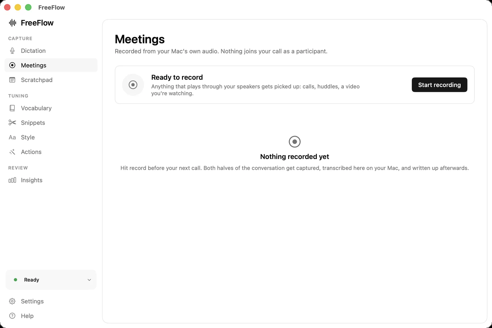 The Meetings screen, ready to record system audio