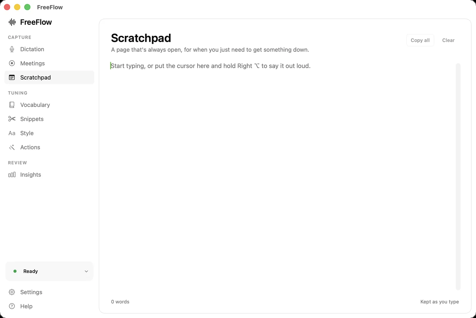 The Scratchpad, an always-open page for quick notes