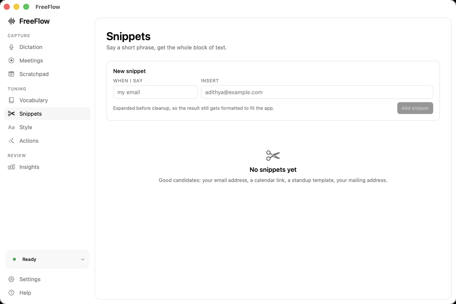 The Snippets screen mapping spoken shorthand to longer text