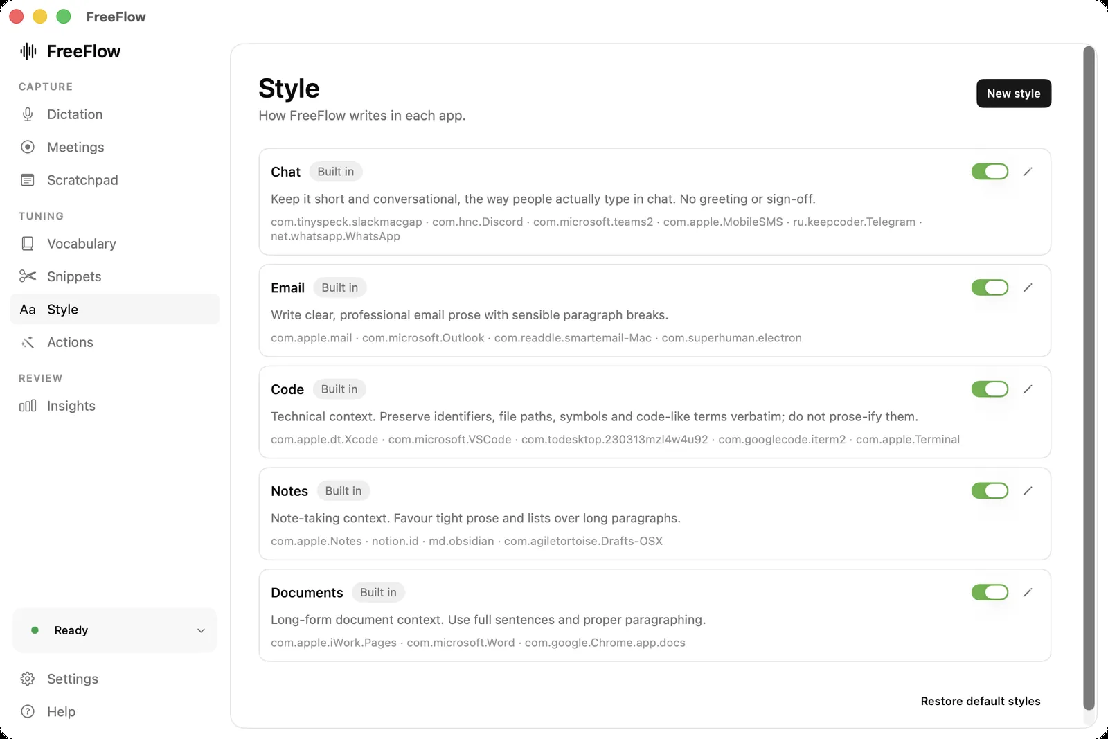 Per-app writing styles for Chat, Email, Code, Notes and Documents