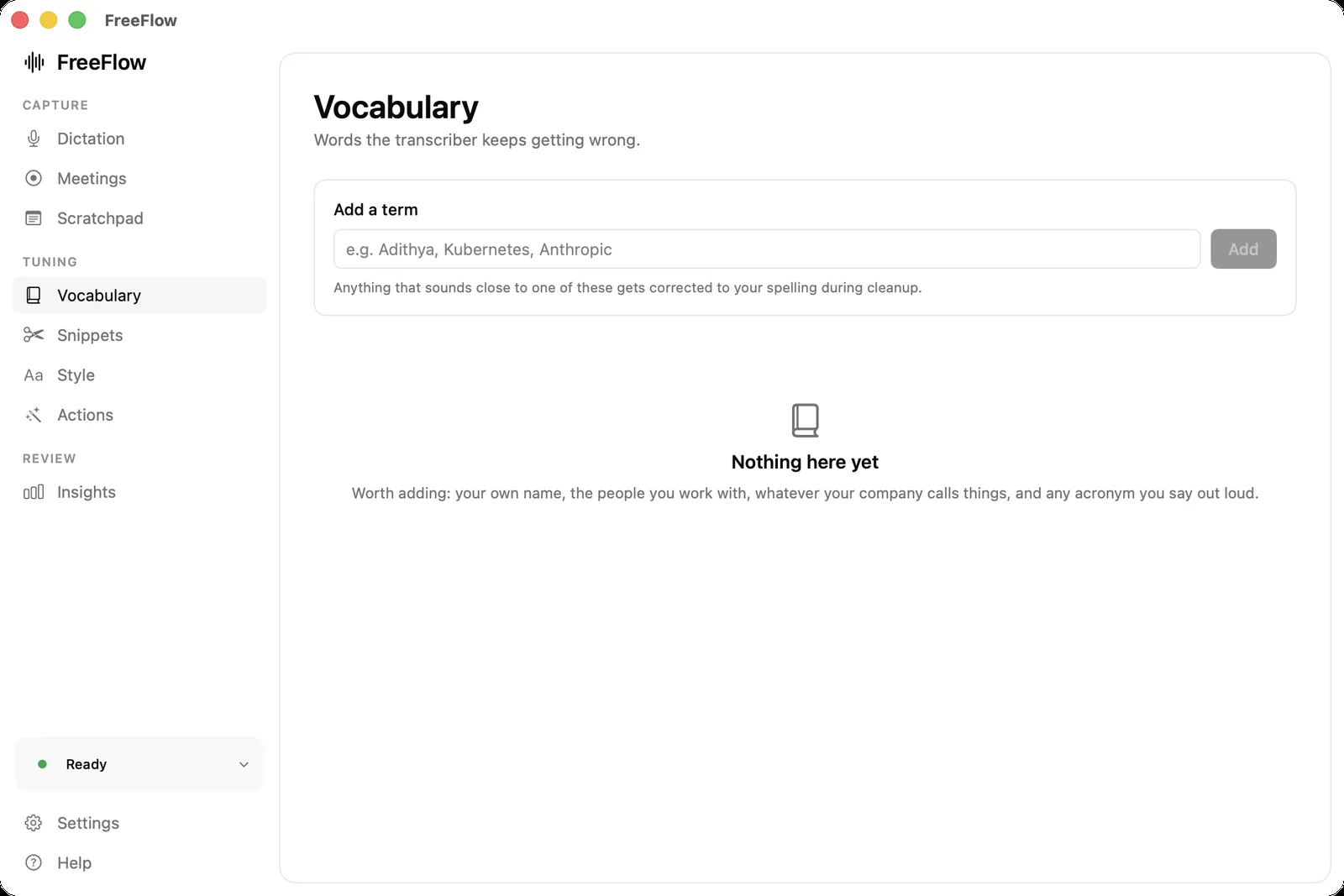 The Vocabulary screen where custom terms are added